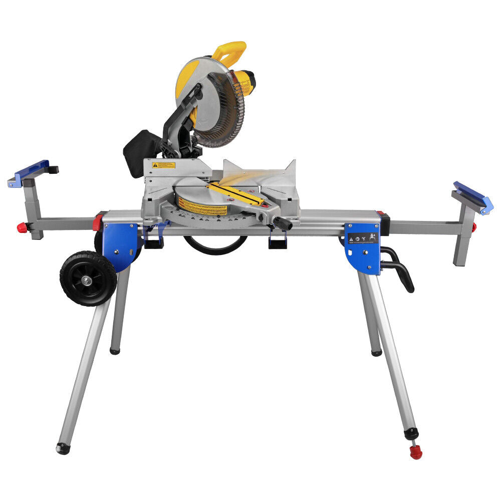 A miter saw stand featuring one-piece mounting brackets, a 45-inch sliding rail, and a 500lb capacity, designed for heavy-duty use and easy folding for storage.