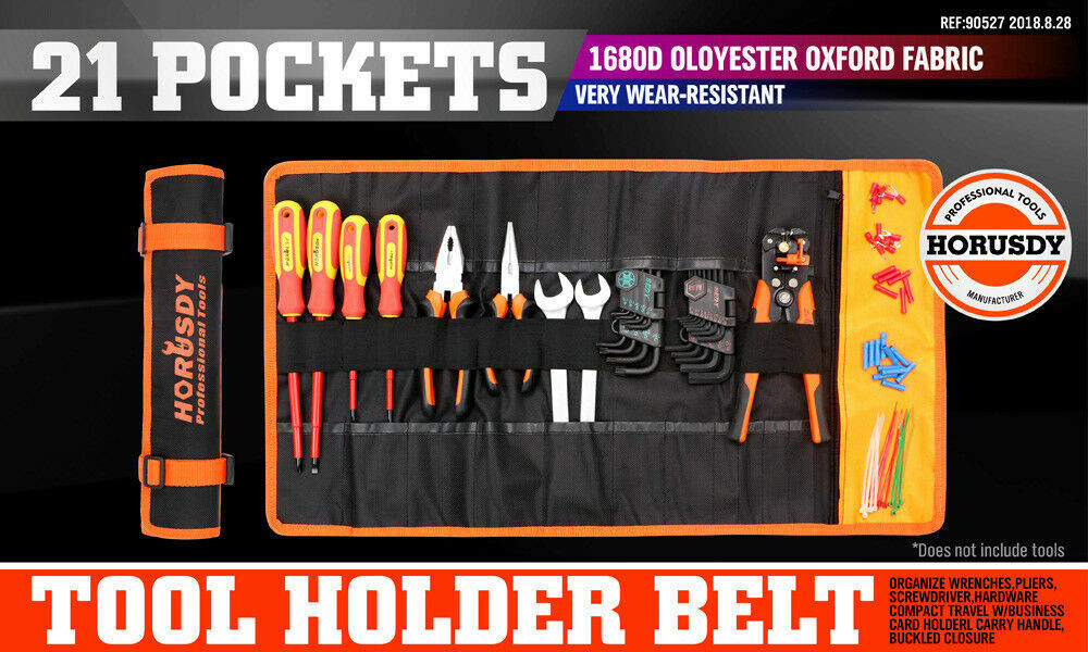 Durable Tool Holder Belt with 21 versatile pockets. Made from strong polyester fabric, ideal for storing tools, knives, pens, and brushes. Features a secure two-strap closure, easy roll-up design, and a convenient carry handle. Suitable for electricians, mechanics, handymen, and DIY enthusiasts.