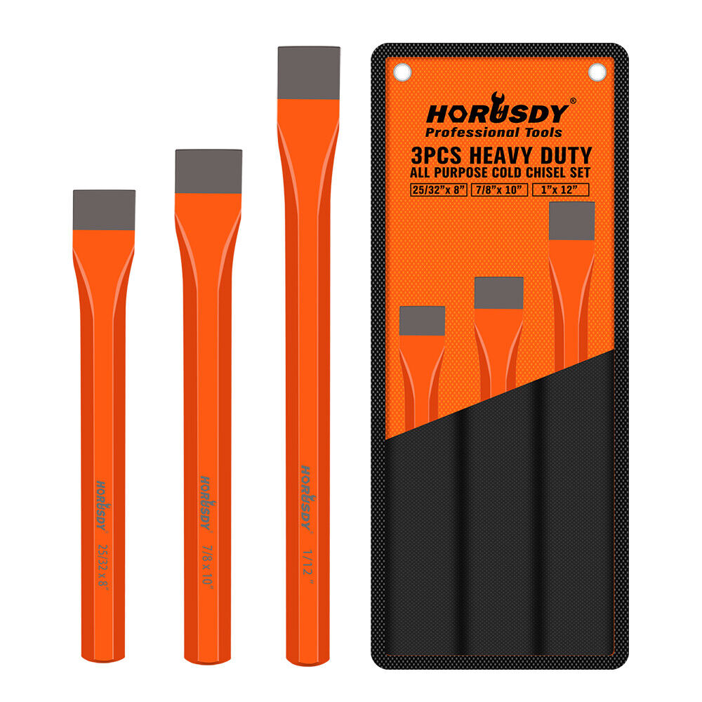 HORUSDY 3-Piece Extra Long Cold Chisel Set, Rust-Resistant Black Oxide Finish, Sizes 25/32"x 8", 7/8"x 10", 1" x 12", Ideal for Shaping Cold Metal, Masonry, and Concrete