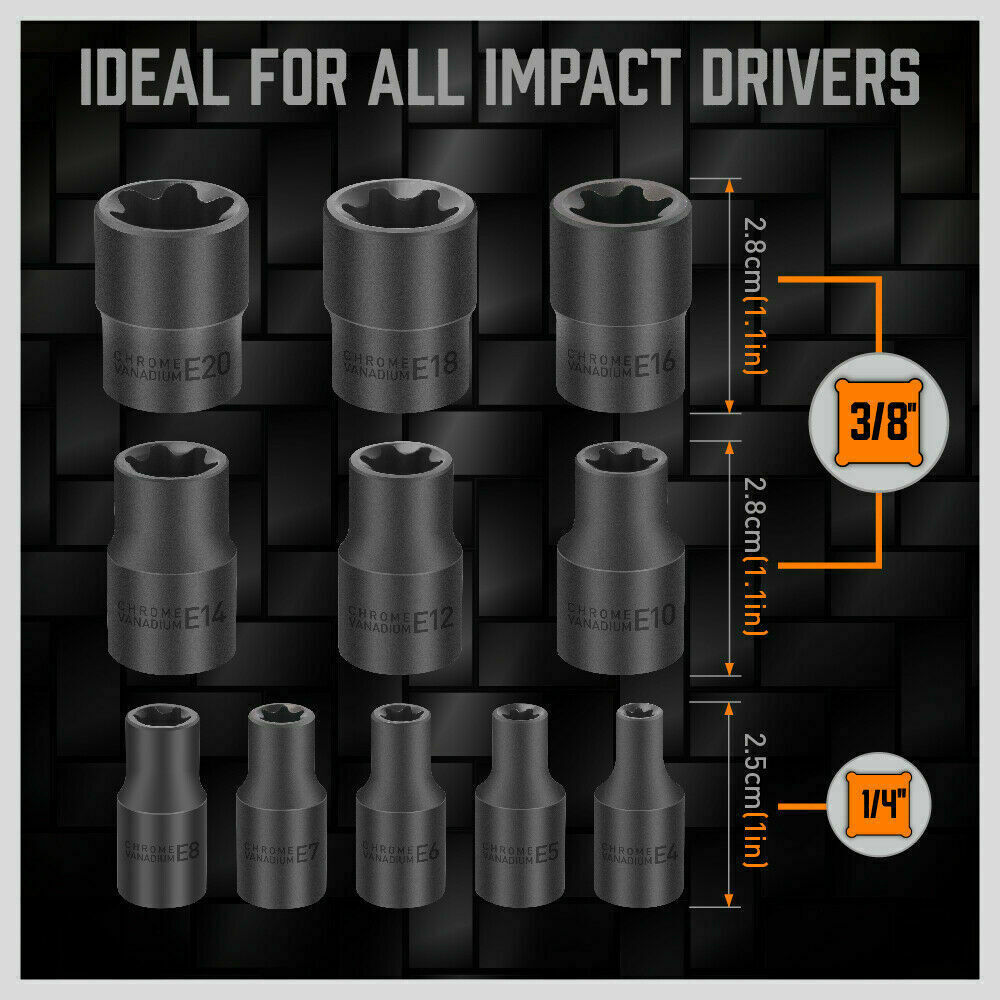 11-Piece Impact E-Torx Socket Set Including E4-E20 Sizes for 1/4" and 3/8" Drives with Storage Rail