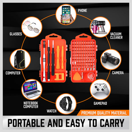 Comprehensive 110-in-1 Precision Screwdriver Kit with Magnetic Handle, Various Bits, and Repair Tools