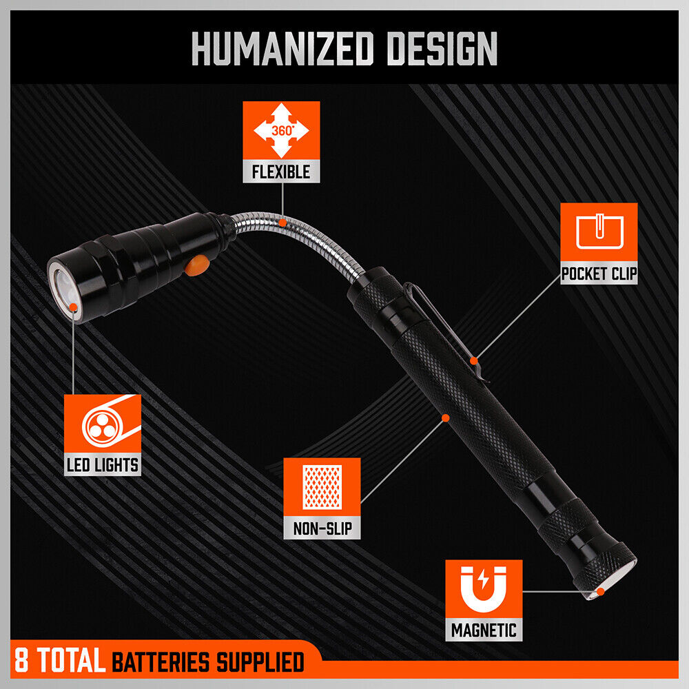 Three-piece magnetic pick-up and inspection tool set featuring a telescopic flashlight with LED, a magnetic rod, and a flexible swivel inspection mirror.