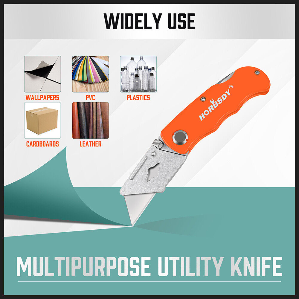 Set of four folding utility knives in Black, Blue, Orange, and Pink colors, featuring quick-change mechanism and back-lock mechanism, ideal for DIY projects, cutting cardboard, carpet, and more. The set includes 10 extra SK5 material blades and a convenient storage carry bag