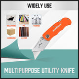 Set of four folding utility knives in Black, Blue, Orange, and Pink colors, featuring quick-change mechanism and back-lock mechanism, ideal for DIY projects, cutting cardboard, carpet, and more. The set includes 10 extra SK5 material blades and a convenient storage carry bag