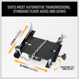 Sturdy 500KG Transmission Jack Adapter in black, featuring an adjustable saddle, corner brackets for universal fit, safety chains, and an automatic release valve. Constructed from heavy-duty steel for maximum durability