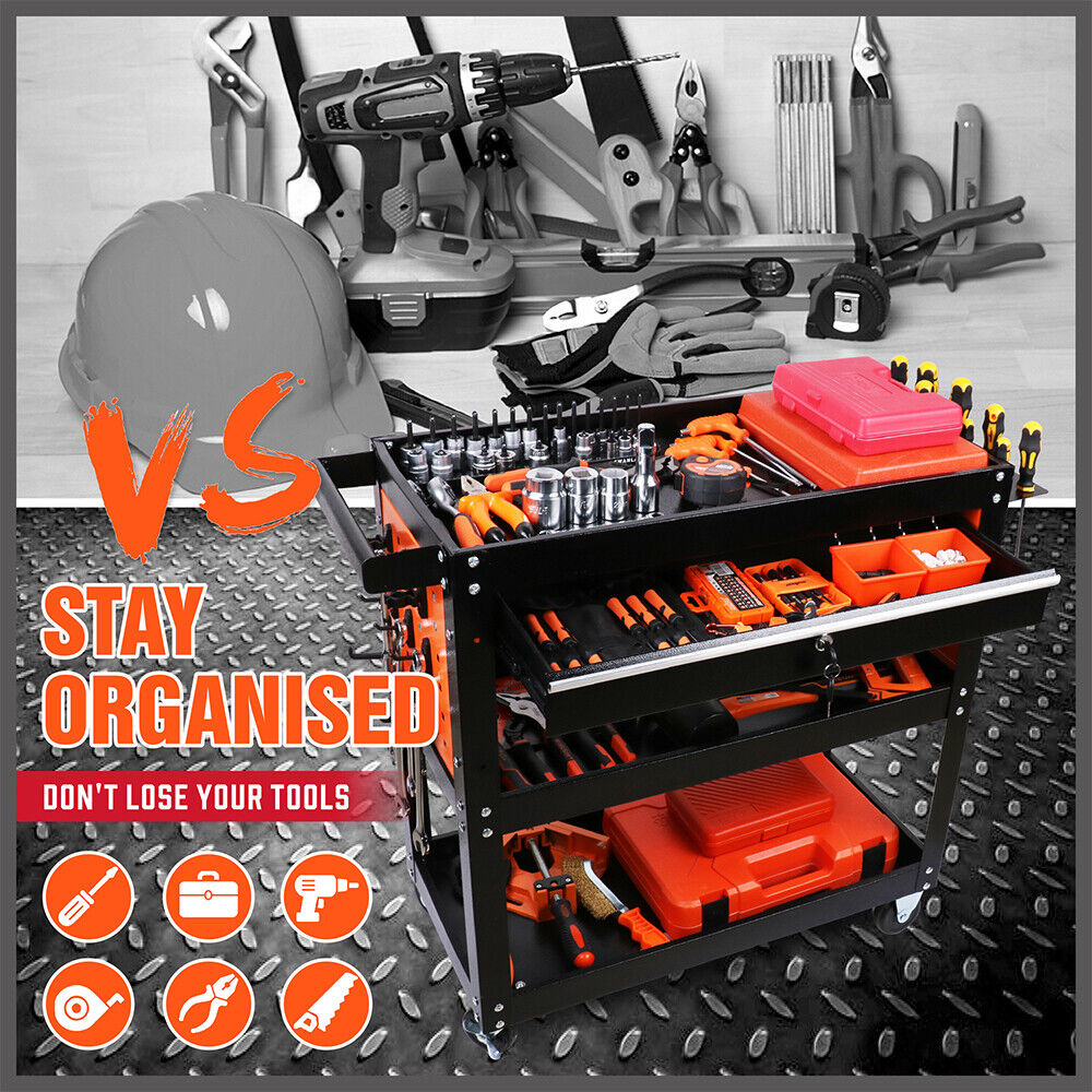 Single Drawer Tool Storage Trolley - Secure storage, easy mobility, versatile organization, convenient tool hanger system.