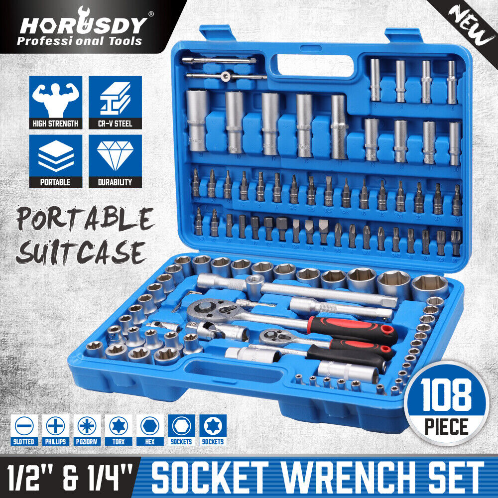 HORUSDY 108-Piece Comprehensive Socket Set with Ratchet Wrenches, Torx, Hex, and Deep Sockets, Extensions, and Screwdriver Bits in a Durable Carry Box