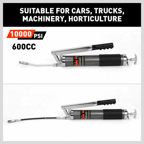 Robust 600cc Manual Grease Gun Kit - Includes Flexible Hose, Curved Extension Pipe, and 10000PSI Coupler for Efficient Lubrication