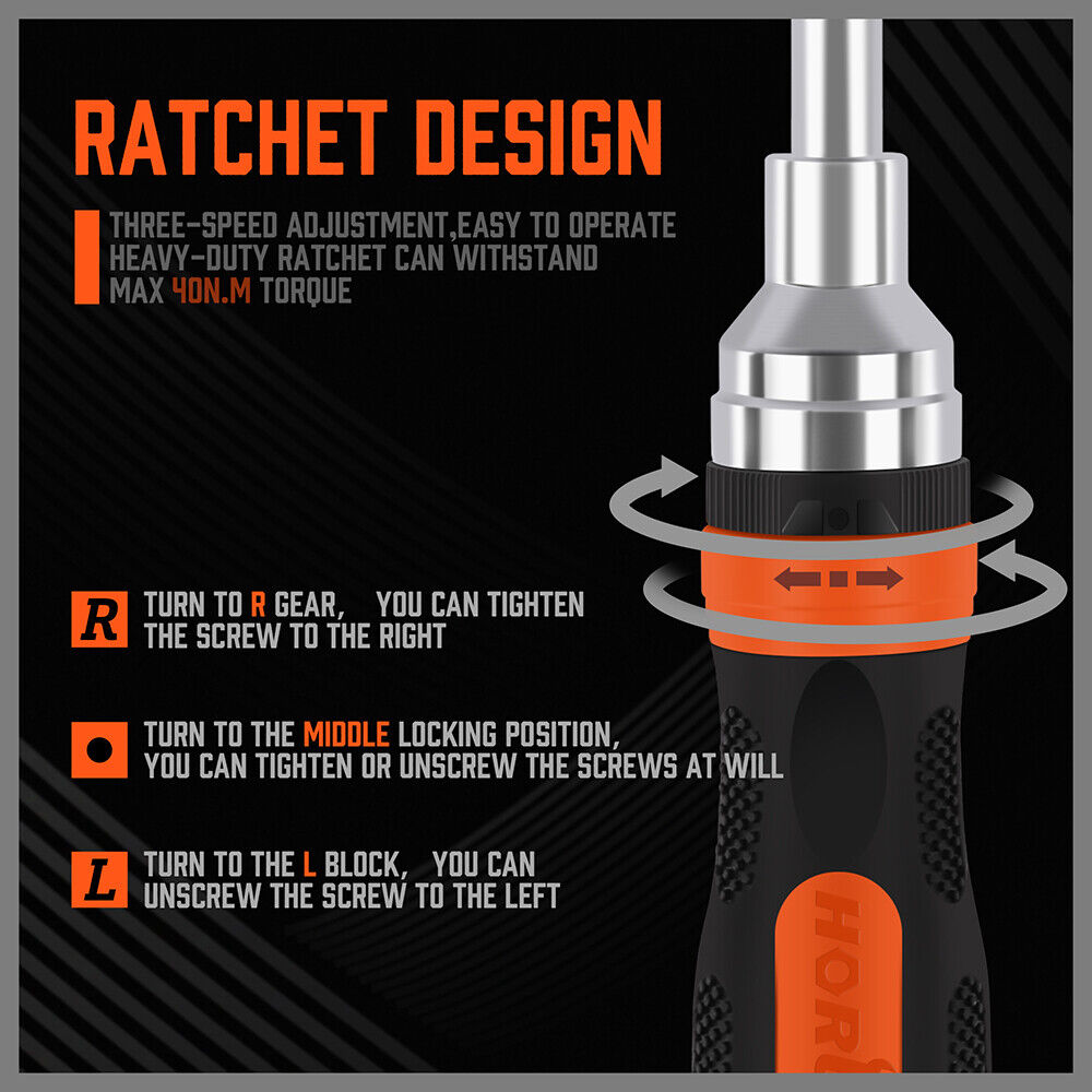 Comprehensive 19-piece ratchet screwdriver set including double-end bits with ball lock storage in handle, featuring anti-slip grip for efficient use in home or car repairs