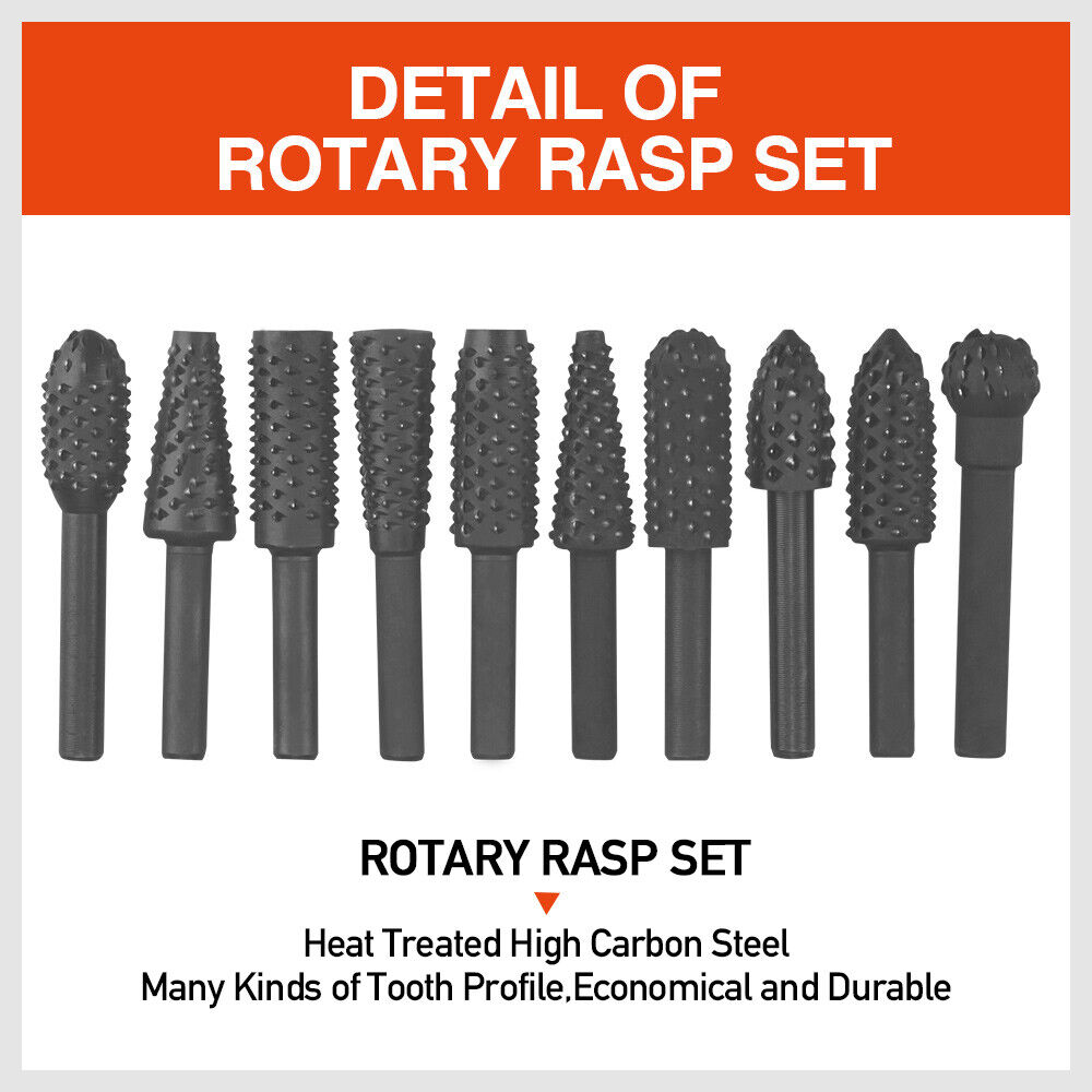 Professional 10-Piece Rotary Drill Bit Set with Wood Rasp Burrs for Precision Grooving and Polishing on Timber