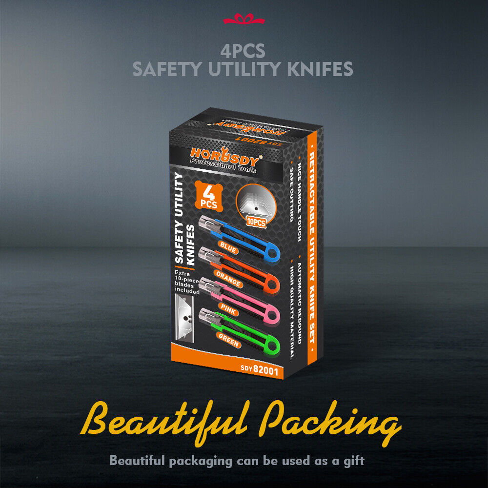 Set of four retractable box cutters with grip handles and 10 additional spare blades, ideal for cutting cardboard, paper, PVC, and crafts