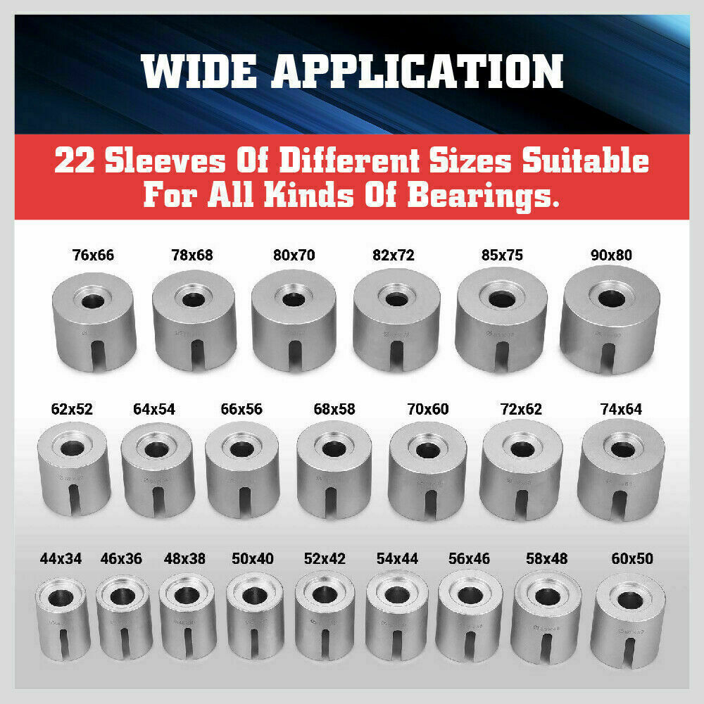 Comprehensive 27-piece carbon steel pull and press sleeve kit for bushing and bearing removal, suitable for car and heavy vehicle maintenance.