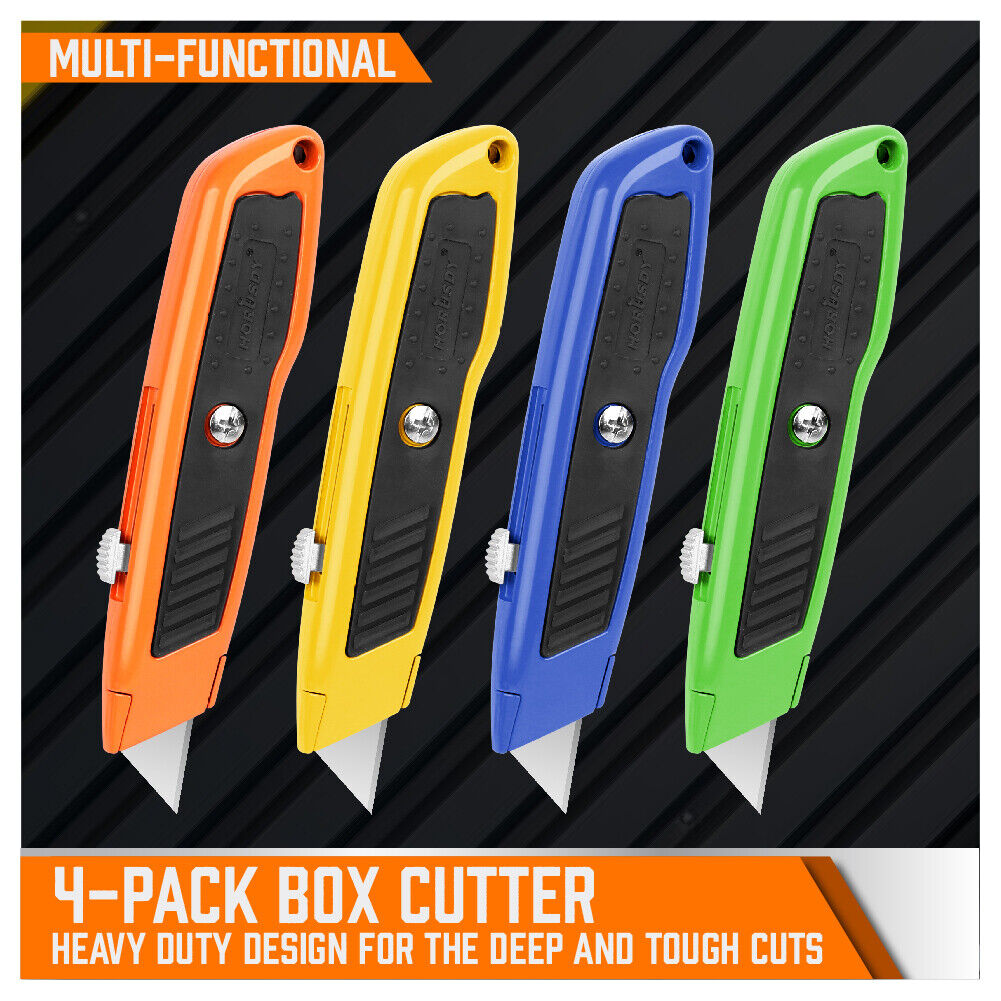 Set of 4 utility knives with snap-off blades, featuring retractable grip handles and a pack of 10 spare blades. Ideal for daily use in cutting cardboard, paper, wires, PVC, and crafts