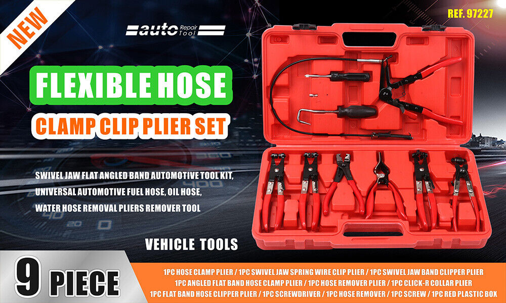 9Pc Hose Clamp Pliers Kit Clip Remove Set Swivel Jaw Flat Angled Autom