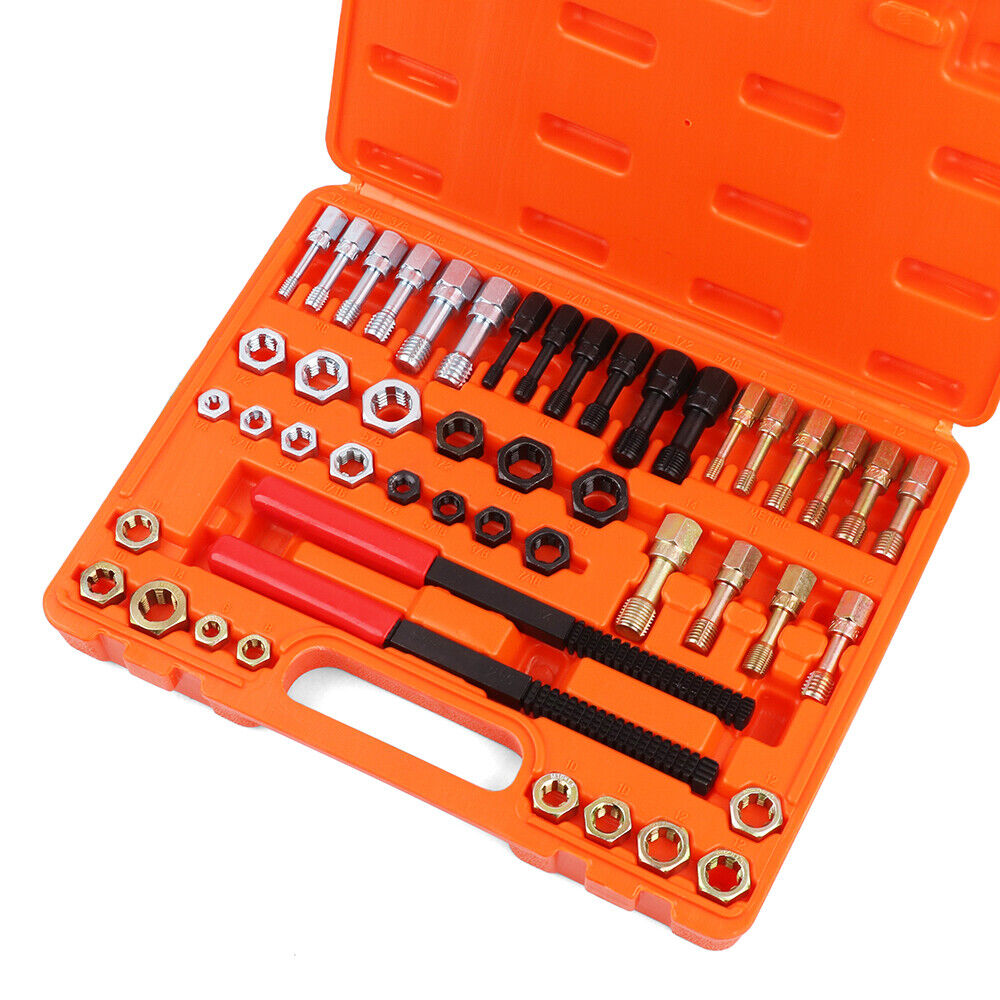 Comprehensive 48-Piece SAE and Metric Thread Restorer Kit with various taps, dies, files, and rethreading tools for fractional metric thread repair, neatly packed in a blow mold case.