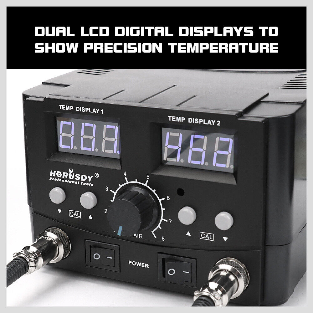 Professional 2-in-1 soldering and desoldering station equipped with a precision hot air gun and soldering iron, featuring dual digital LCD displays for accurate temperature control