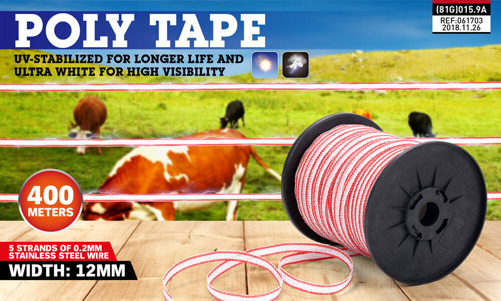 400-meter Roll of Red and White High-Visibility Poly Tape for Electric Fence, featuring 5 Strands of 0.2mm Stainless Steel Wire, UV Stabilized High-Grade Polyethylene, compatible with Fence Energiser