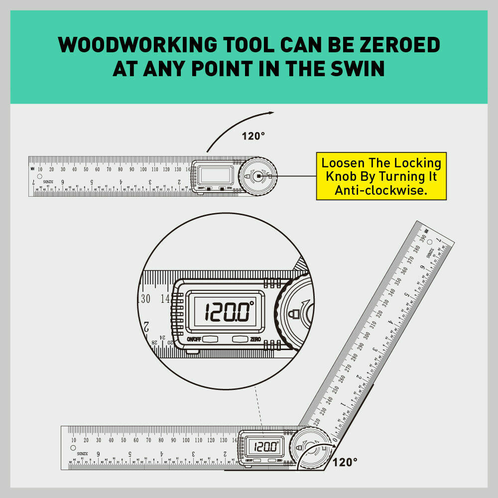 Stainless steel 200mm digital angle finder with LCD display showing 0-360 degrees measurement range