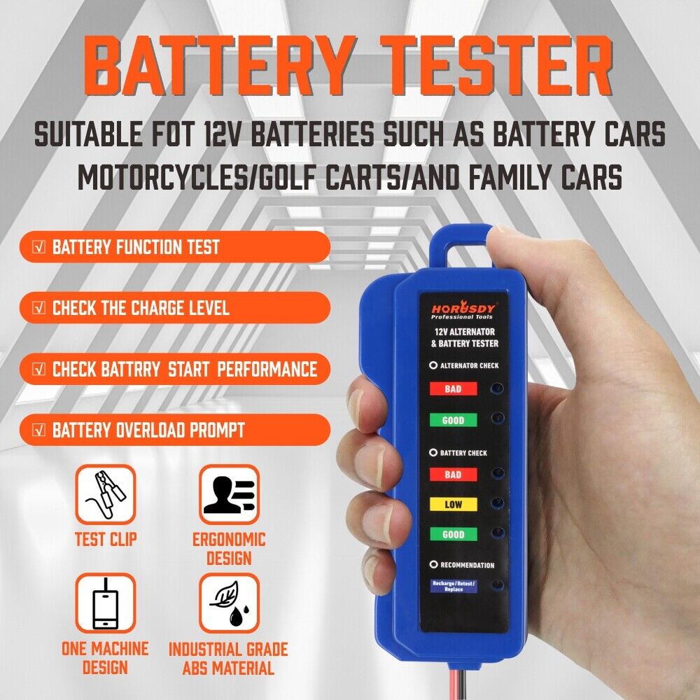 Compact Digital 12V Alternator Battery Tester - Features 6 LED Display and Testing Clips for Cars and Motorcycles