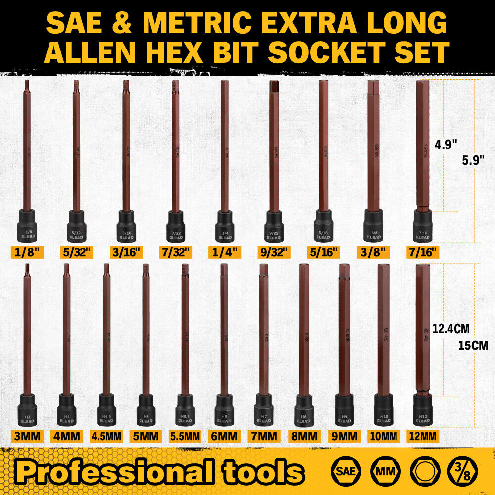 ELEAD 20Pcs Hex Bit Socket Set featuring Extra Long Design, SAE and Metric Sizes, Durable Chrome Vanadium Steel Construction, with Compact Carrying Case