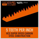Set of 5 Durable 9-Inch Reciprocating Saw Blades - 5TPI Carbon Steel for Wood Cutting, Compatible with Major Brands, Includes Case