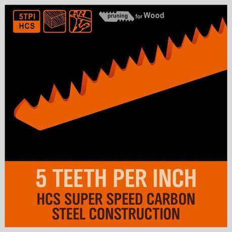 Set of 5 Durable 9-Inch Reciprocating Saw Blades - 5TPI Carbon Steel for Wood Cutting, Compatible with Major Brands, Includes Case