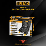 ELEAD 33-piece ratchet wrench set with various SAE and metric sizes, featuring a durable case, Phillips and slotted bits adapter for versatile use.