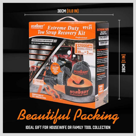 Heavy Duty 9.1M Recovery Tow Straps Snatch Kit - 32,000 LBS Break Strength - D-Ring Shackles Included - Reliable Recovery Solution