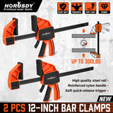 2-Pack HORUSDY 12-inch Woodworking Bar Clamps with Quick Clamp and Spreader Function, 300Lbs Load Capacity