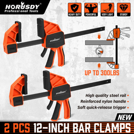 2-Pack HORUSDY 12-inch Woodworking Bar Clamps with Quick Clamp and Spreader Function, 300Lbs Load Capacity
