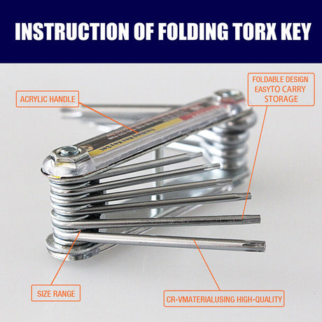 Durable Folding Torx Star Key Set - Chrome Vanadium Steel Construction, T6-T30 Sizes, with Corrosion-Resistant Aluminum Holder