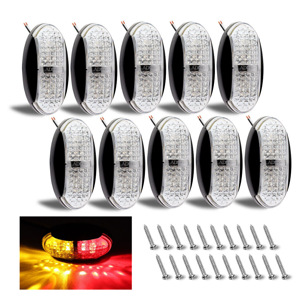 Set of 10 LED Clearance Side Marker Lights featuring ultra-bright red and yellow LED lamp beads, ideal for trucks, trailers, and caravans. Made of durable ABS and PC, shock and water-resistant, with low power consumption and easy installation.