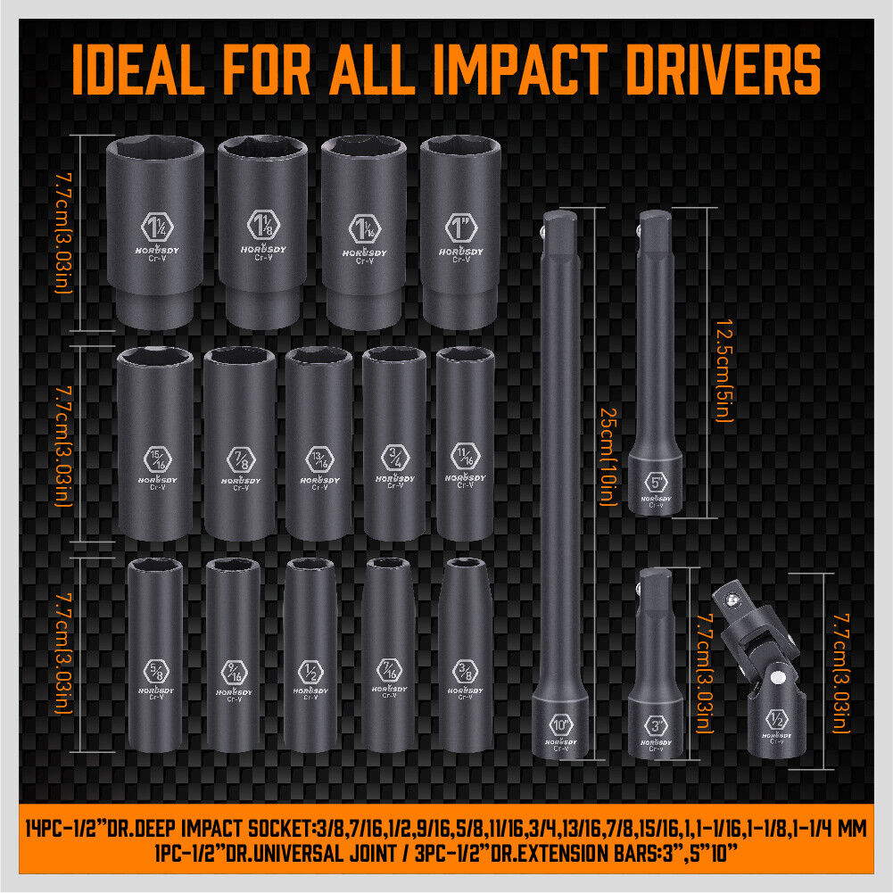 Comprehensive 18-piece deep impact socket set made from chrome vanadium steel with a corrosion-resistant black phosphate finish, including various sizes and extensions in a durable storage case