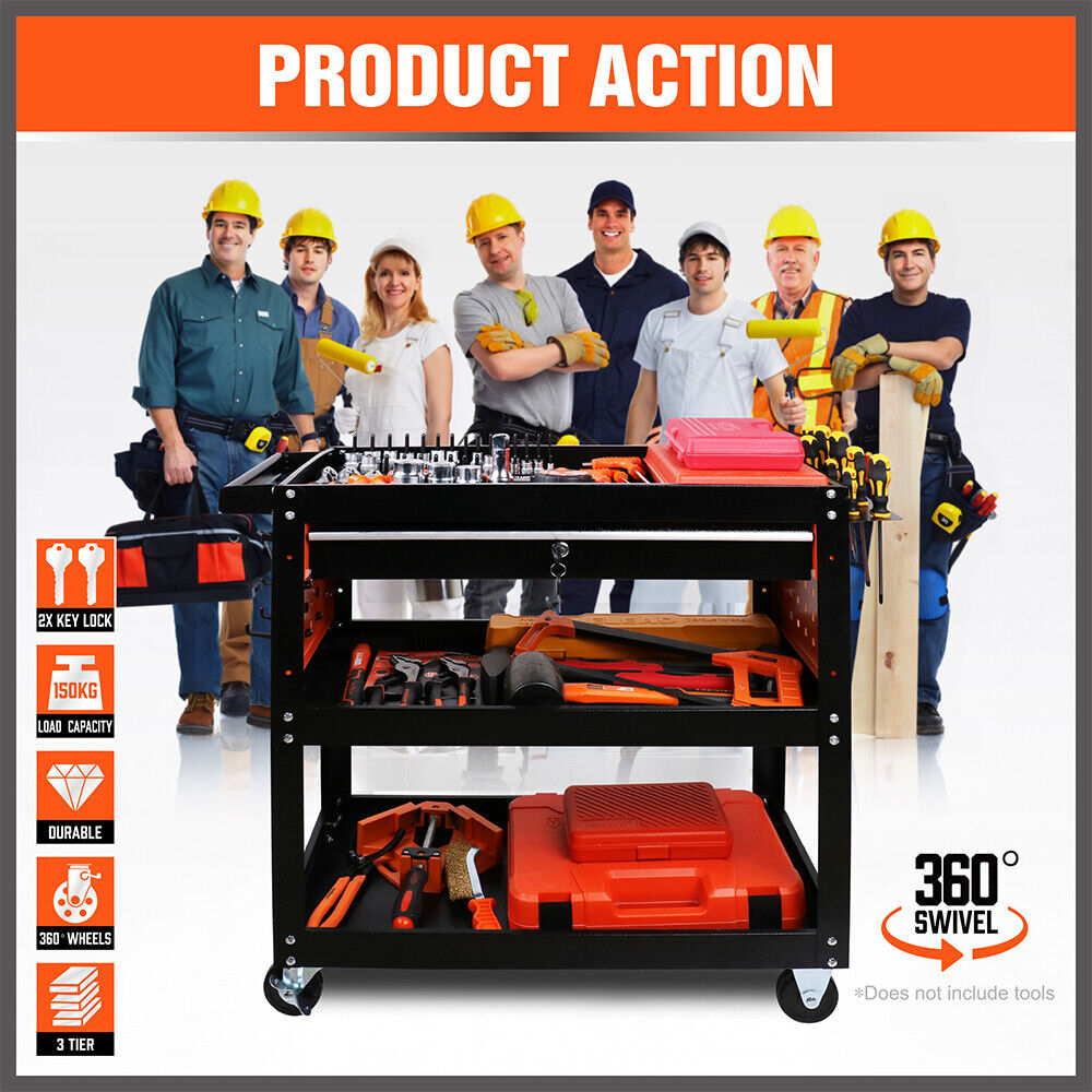 Single Drawer Tool Storage Trolley - Secure storage, easy mobility, versatile organization, convenient tool hanger system.