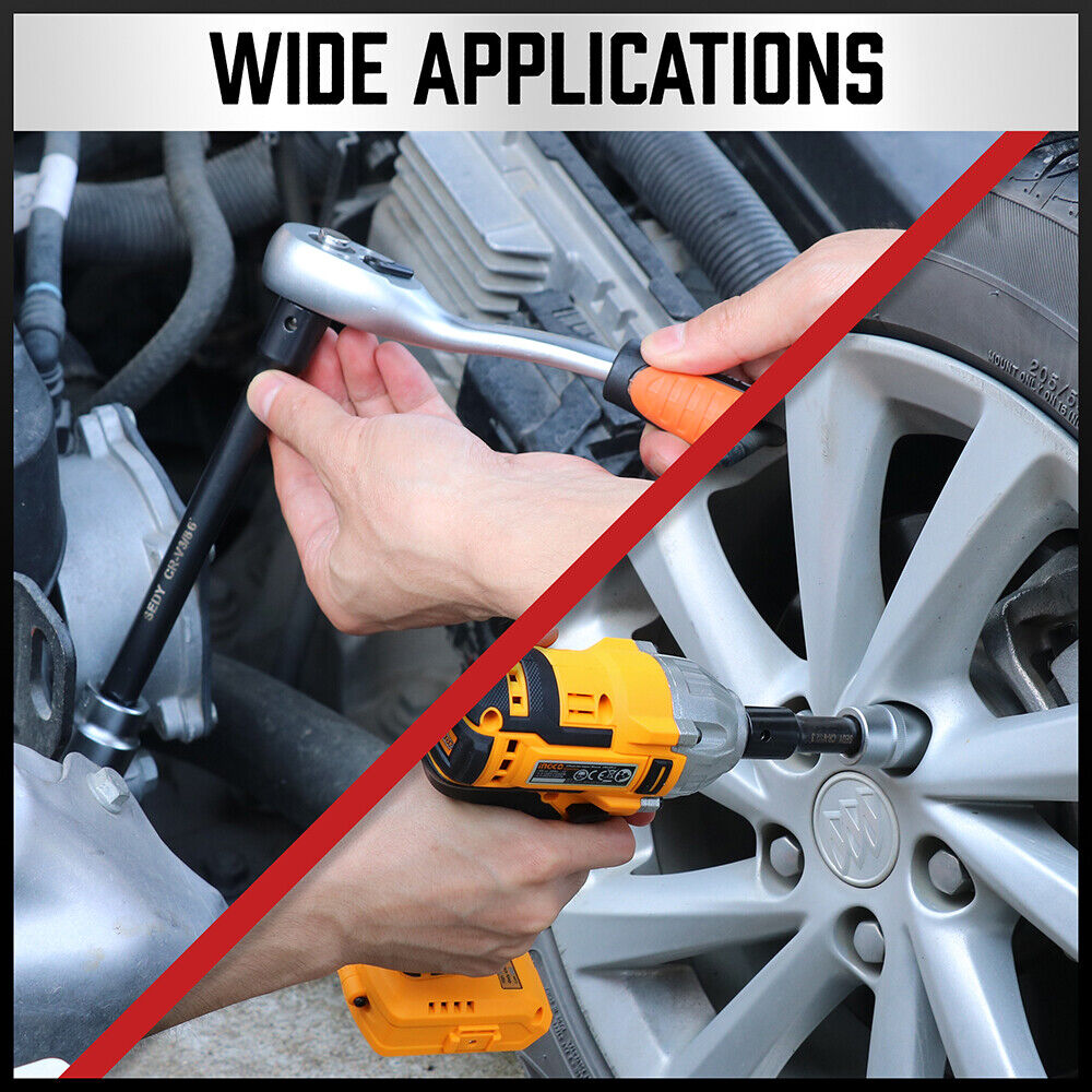 HORUSDY 9Pc Extension Bar Set with 1/4", 3/8", 1/2" Drives, featuring Premium Chrome Vanadium Steel, Corrosion Resistant SmartKrome Plating, and Secure Spring-Loaded Ball Detent