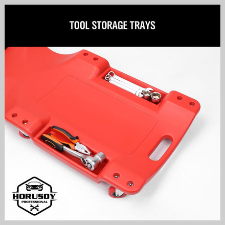 Durable 40-Inch Garage Creeper Mechanic Trolley, featuring Six 3-inch Swivel Wheels, High-Impact Molded Plastic, Cushioned Headrest, and Tool Storage Trays, capable of supporting up to 120KG