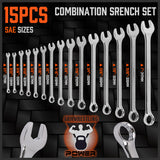 HORUSDY 15-Piece Imperial Spanner Set, SAE Ring/Open End Wrench, Chrome Vanadium Steel, Nickel Chrome Plated with Mirror Polish Finish