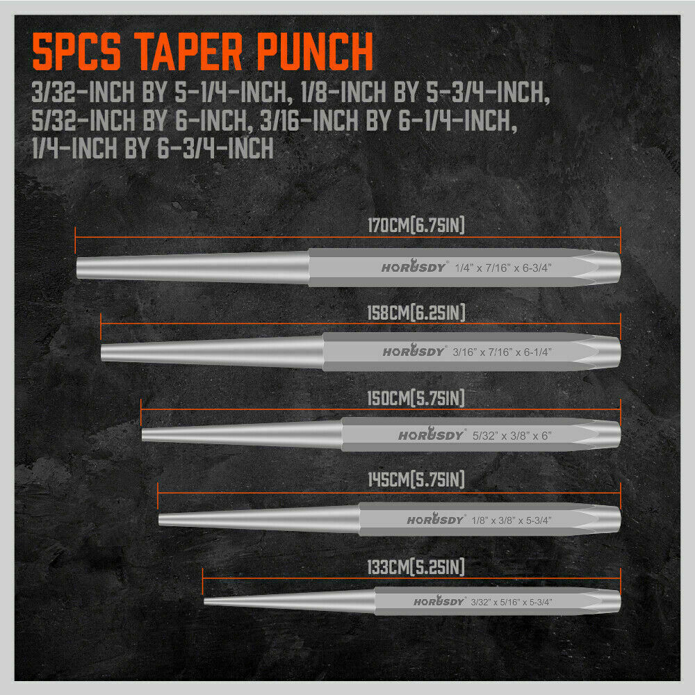 16-piece punch and chisel set including pin punches, tapered punches, cold chisels, center punches, and a gauge, all neatly rolled in a pouch