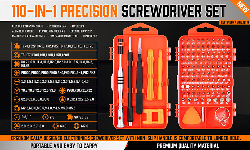 Comprehensive 110-in-1 Precision Screwdriver Kit with Magnetic Handle, Various Bits, and Repair Tools
