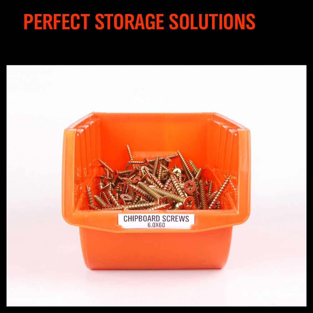 Red and orange stackable plastic parts storage bins with wall-mounted rack, ideal for organizing small tools, fishing tackle, and craft supplies