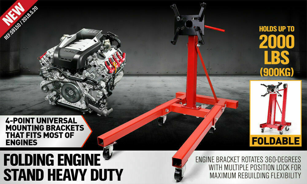 Durable 2000 lbs Capacity Engine Stand, Universal Mounting, Ideal for Auto Workshops - Includes Front and Back Casters