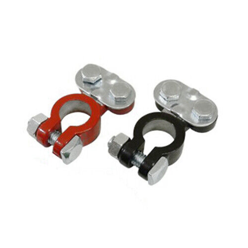 Pair of universal battery terminal clamps for 6V and 12V car batteries.