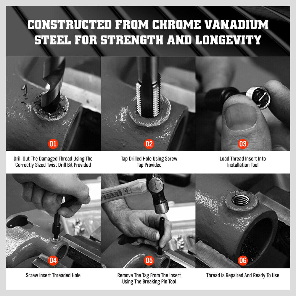 Complete 131-Piece Metric Thread Repair Kit with HSS Drills, Helicoil Inserts, and Tools in a Metal Case