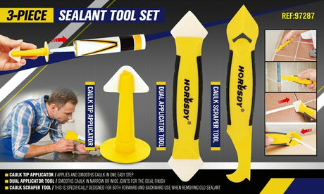 Comprehensive 3-piece scraper set for easy caulking and sealant removal, including a finishing tool, plastic scraper, and caulk nozzle with storage bag.