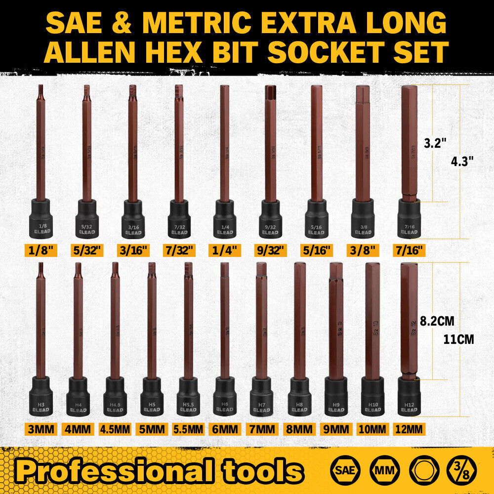 Comprehensive ELEAD 20-Piece Extra Long Hex Bit Socket Set - Includes SAE and Metric Sizes, Forged S2 Alloy Steel Bits, Chrome Vanadium Steel Sockets
