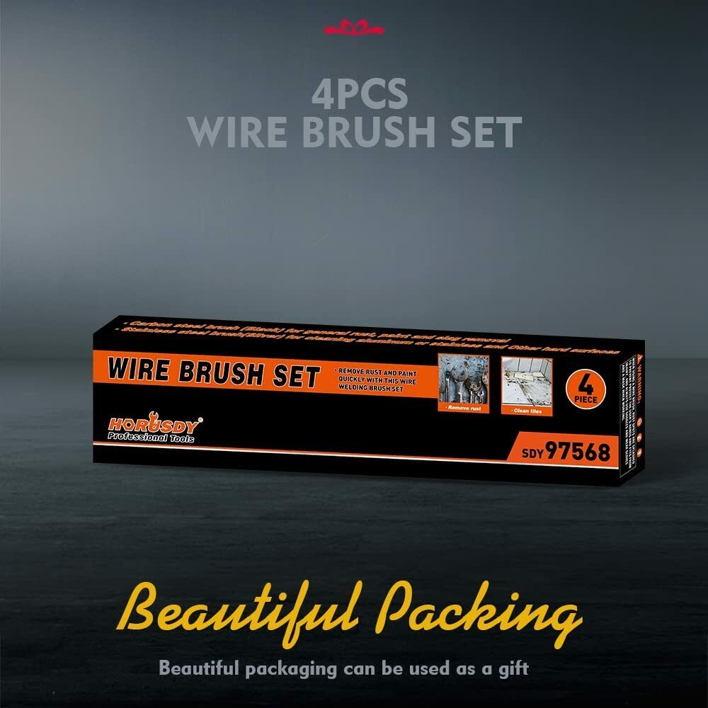 Set of 4 wire brushes with different sizes and materials, including stainless steel and brass, designed for rust removal and cleaning metal surfaces without scratching