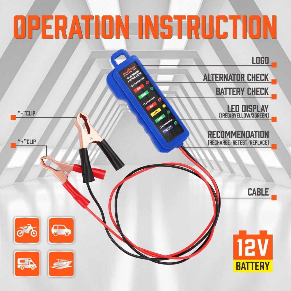 Compact Digital 12V Alternator Battery Tester - Features 6 LED Display and Testing Clips for Cars and Motorcycles