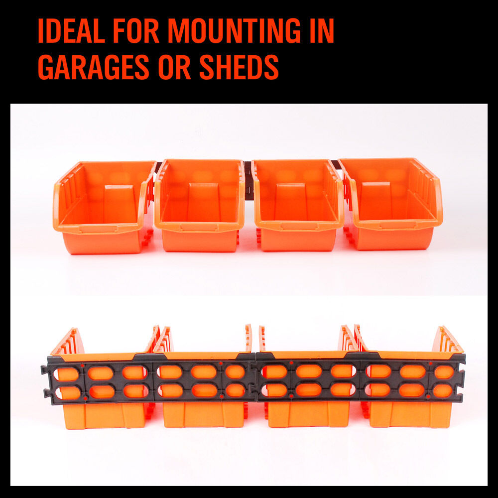 Red and orange stackable plastic parts storage bins with wall-mounted rack, ideal for organizing small tools, fishing tackle, and craft supplies
