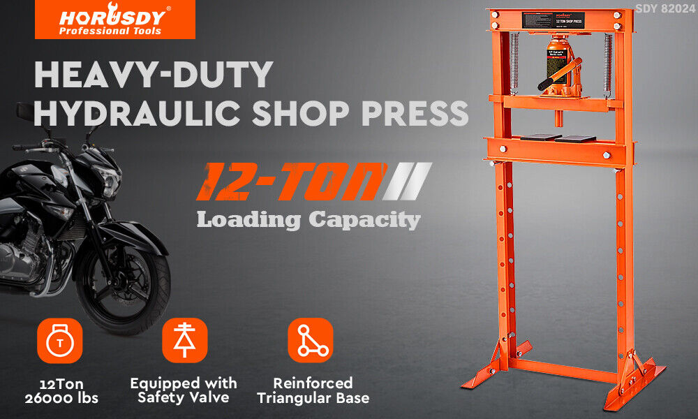 HORUSDY 12T Heavy-Duty Hydraulic Shop Press, H-Frame Benchtop Jack Stand with 2600LBS Load Capacity, Ideal for Automotive & Metalworking