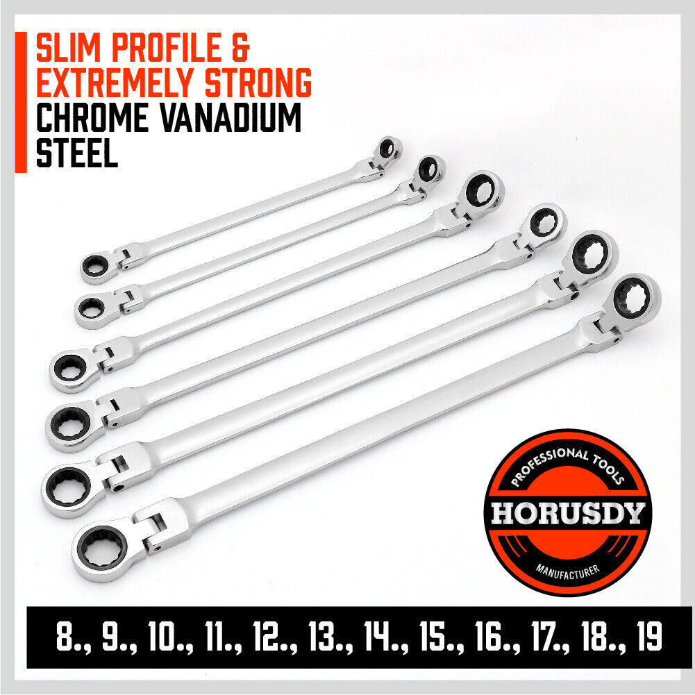 10-Piece CRV Steel Ratchet Spanner Set with 180-Degree Rotating Head, Extra Long Design from 8mm to 19mm Sizes